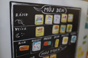 Detail magnetické tabule Caromat magnetky pro děti můj den s ikonami aktivit.